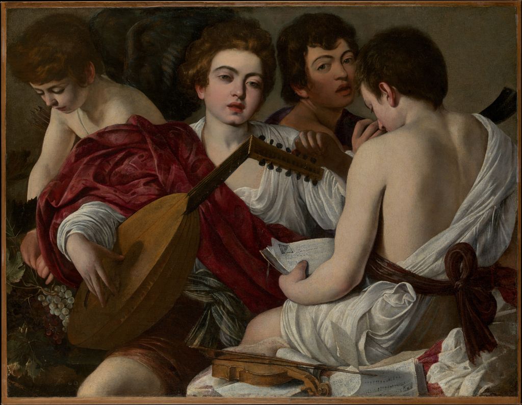 Caravaggio, The Musicians: four young figures crowd around a lute and music sheets, with a winged Cupid and grapes at the left